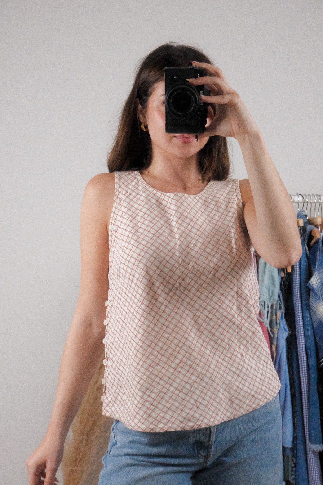 Vintage x Cotton Plaid Side Button Tank (S)