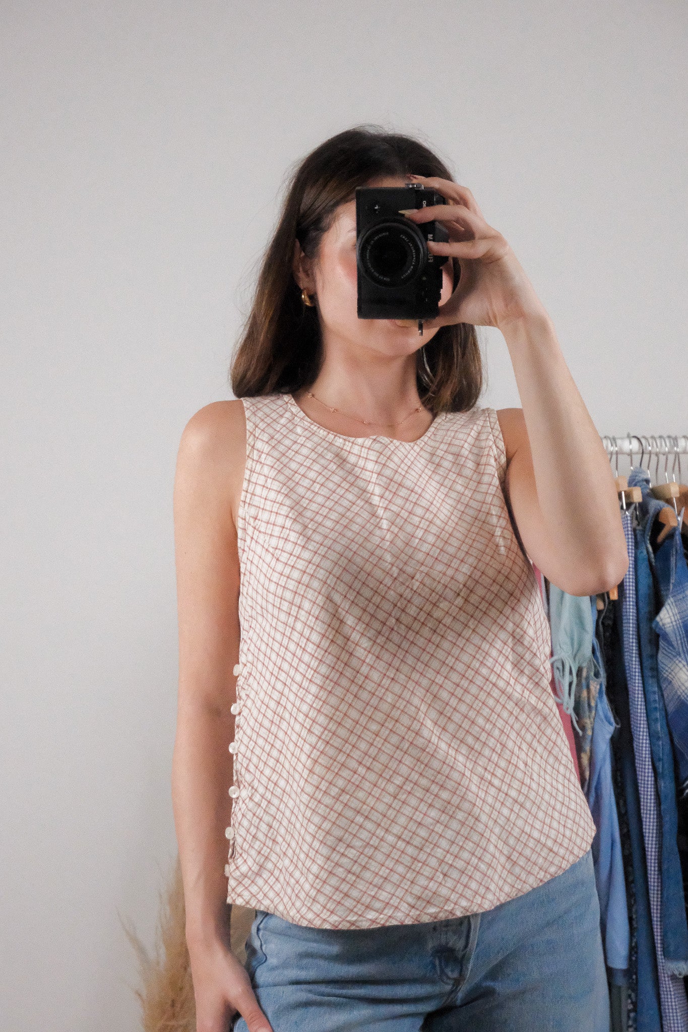Vintage x Cotton Plaid Side Button Tank (S)