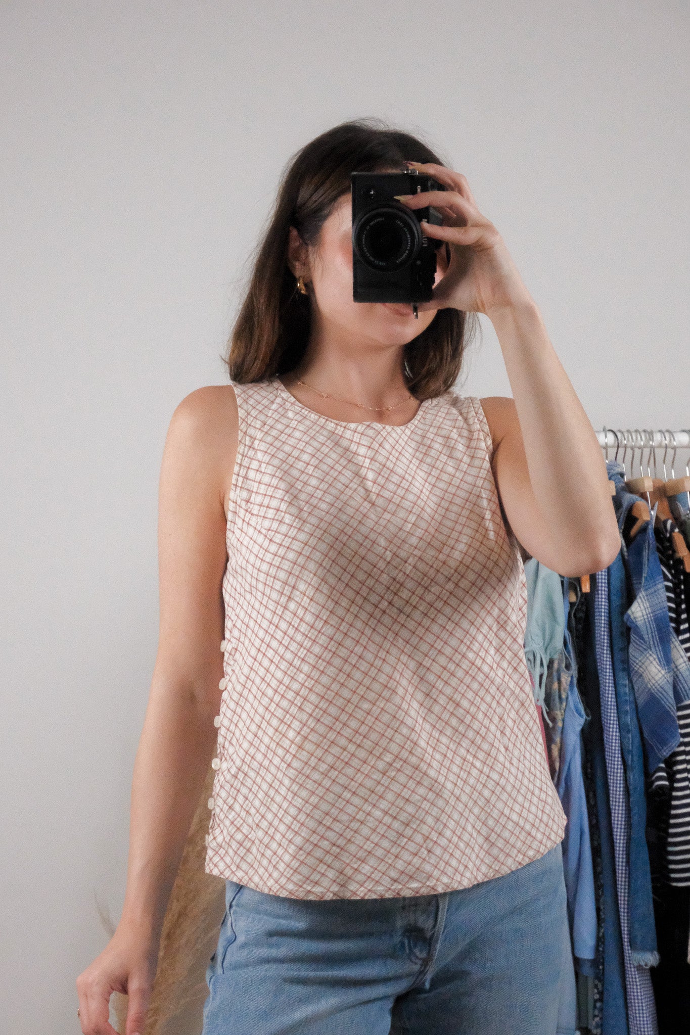 Vintage x Cotton Plaid Side Button Tank (S)