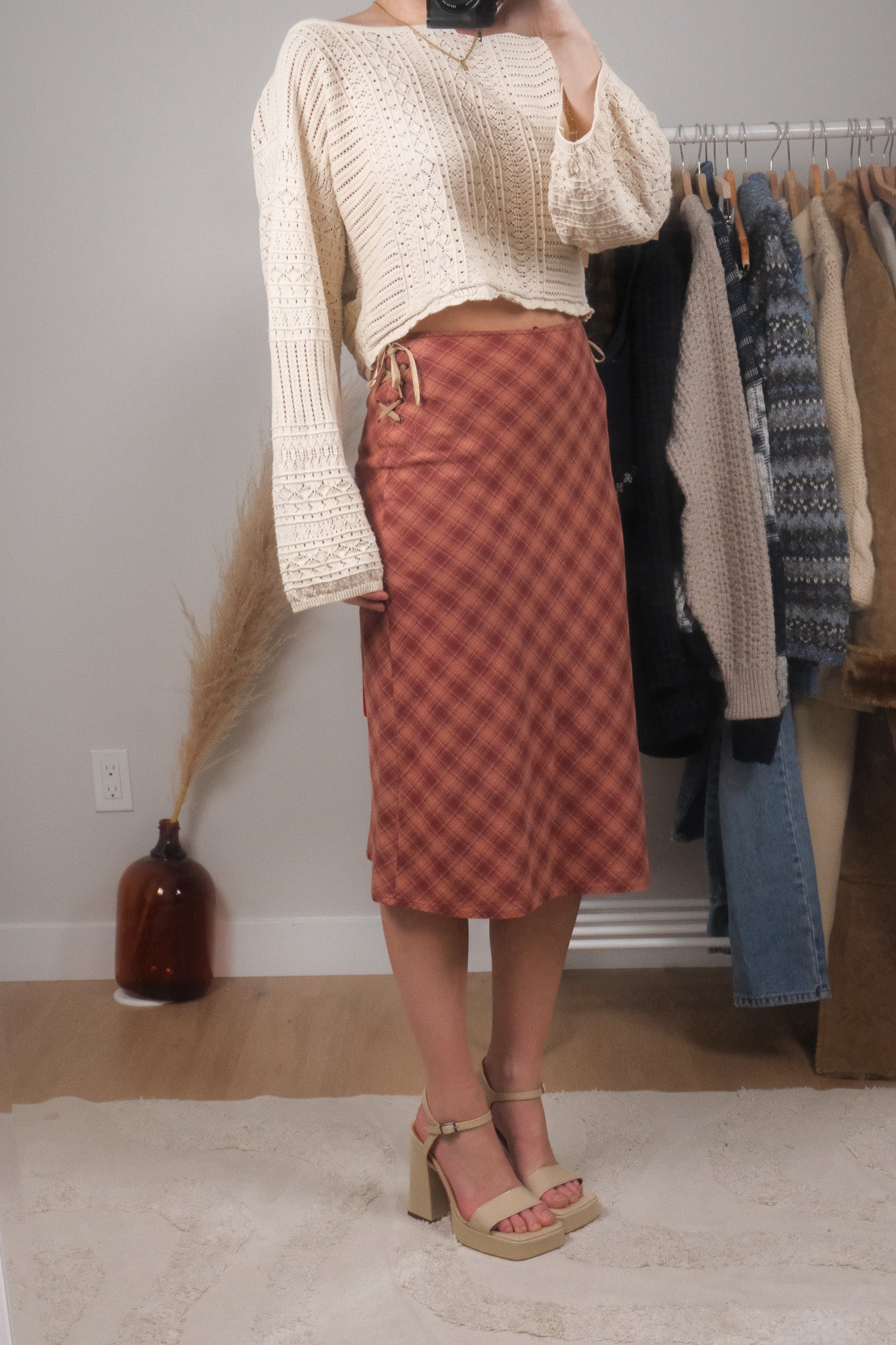 Vintage x Plaid Side Tie Midi Skirt (S)