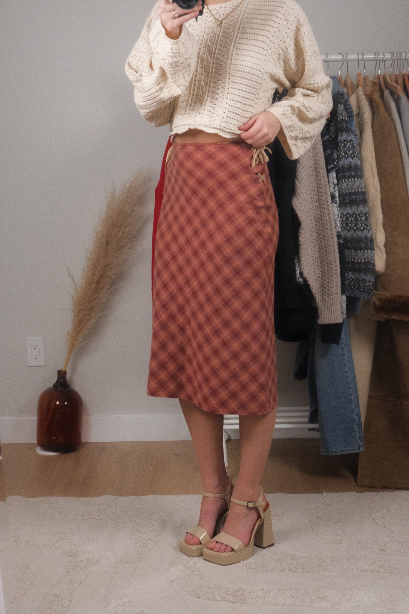 Vintage x Plaid Side Tie Midi Skirt (S)