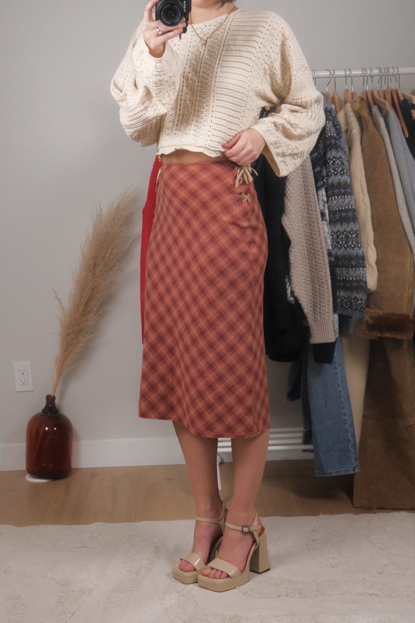 Vintage x Plaid Side Tie Midi Skirt (S)