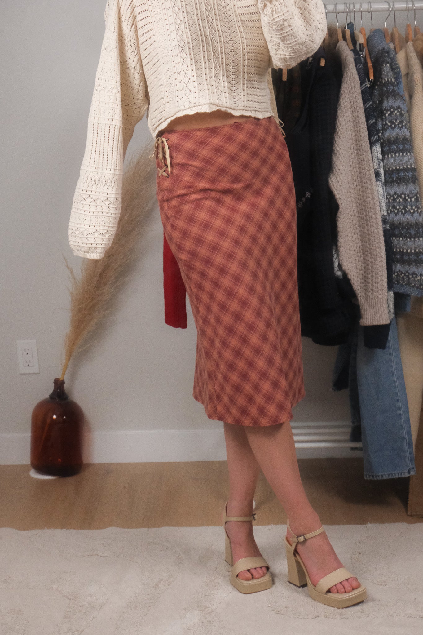 Vintage x Plaid Side Tie Midi Skirt (S)