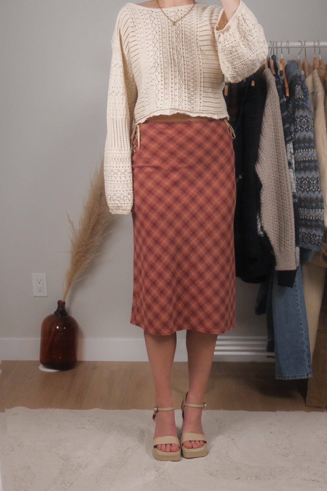 Vintage x Plaid Side Tie Midi Skirt (S)