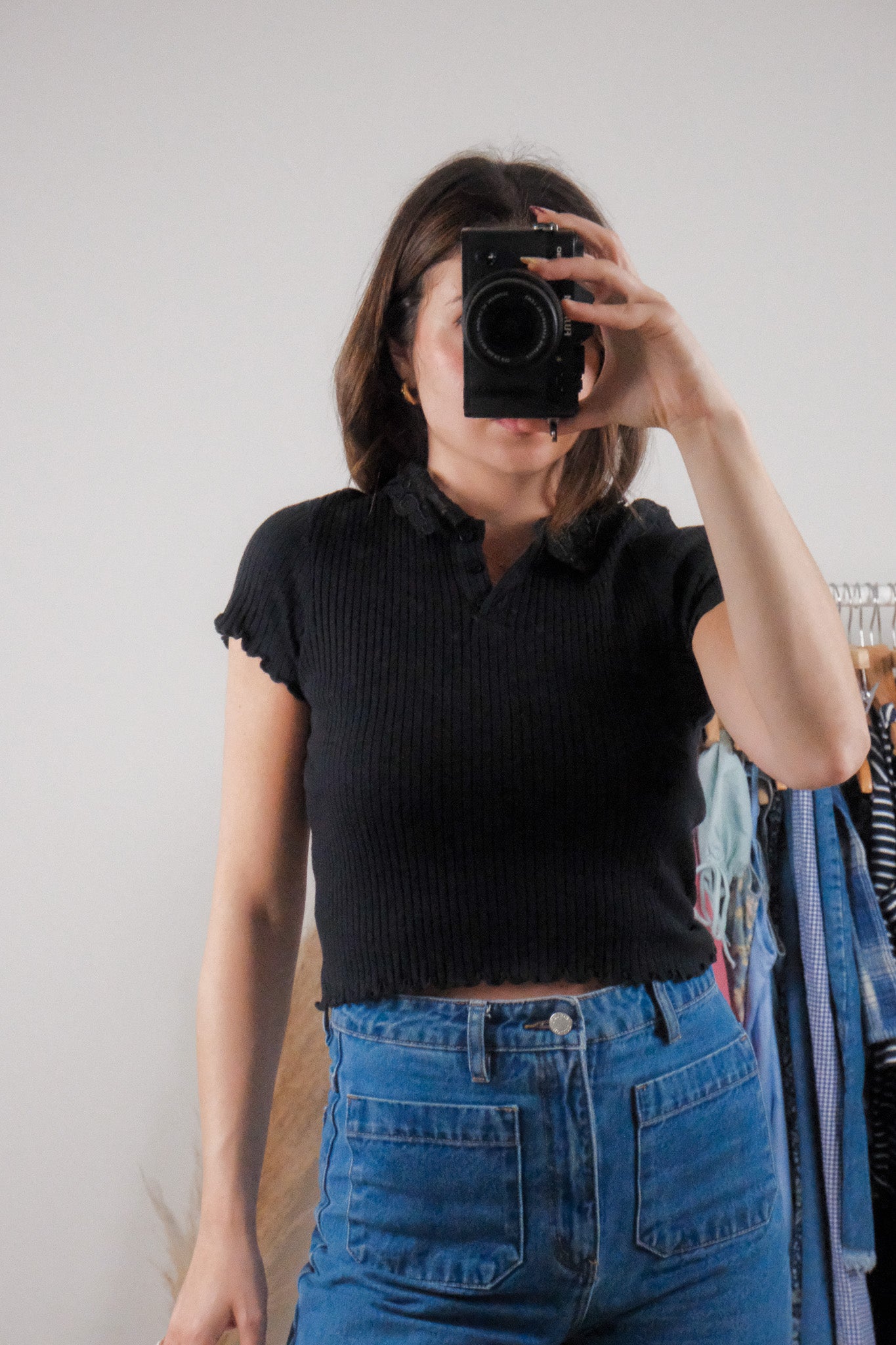 Made in USA x Vintage x Cotton Lace Collared Ribbed Top (S/M)