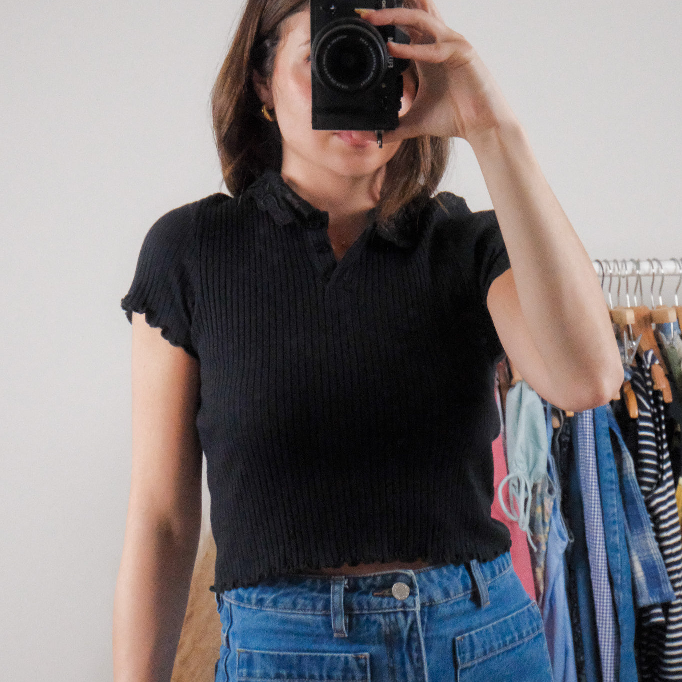 Made in USA x Vintage x Cotton Lace Collared Ribbed Top (S/M)