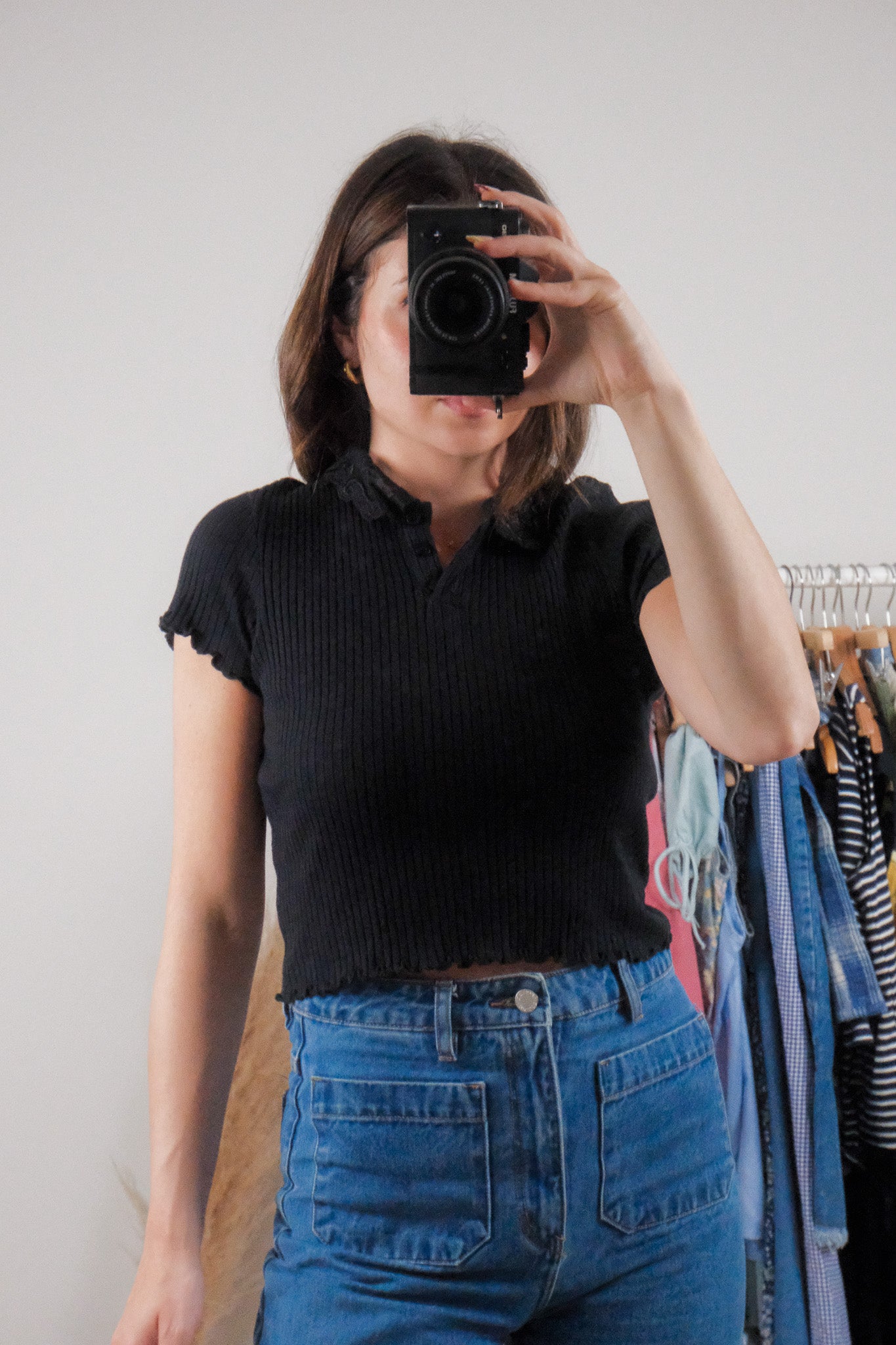 Made in USA x Vintage x Cotton Lace Collared Ribbed Top (S/M)