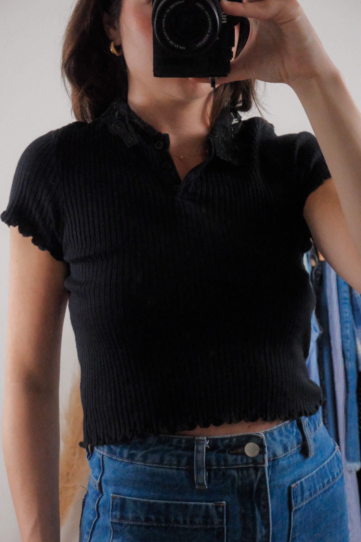 Made in USA x Vintage x Cotton Lace Collared Ribbed Top (S/M)