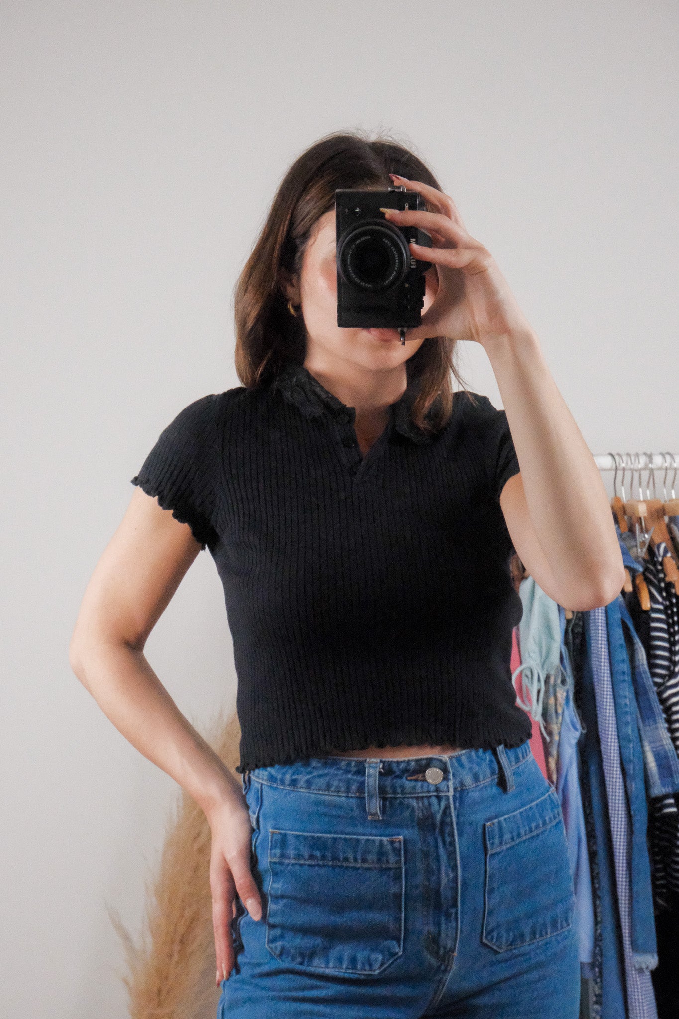 Made in USA x Vintage x Cotton Lace Collared Ribbed Top (S/M)