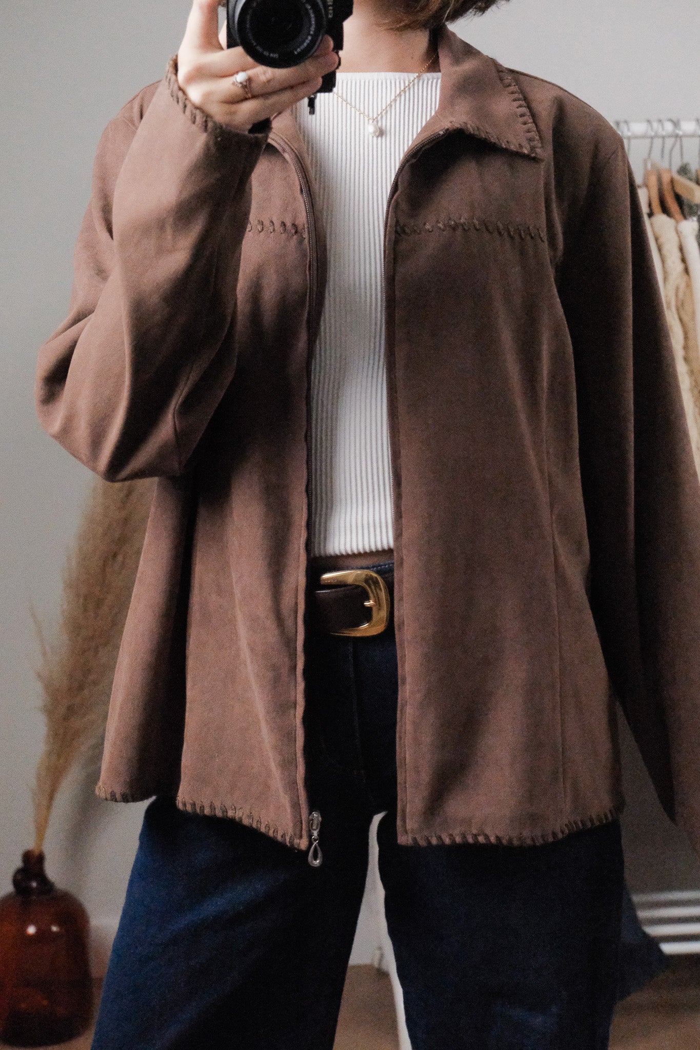 Vintage x Faux Suede With Stitching Trim (L)