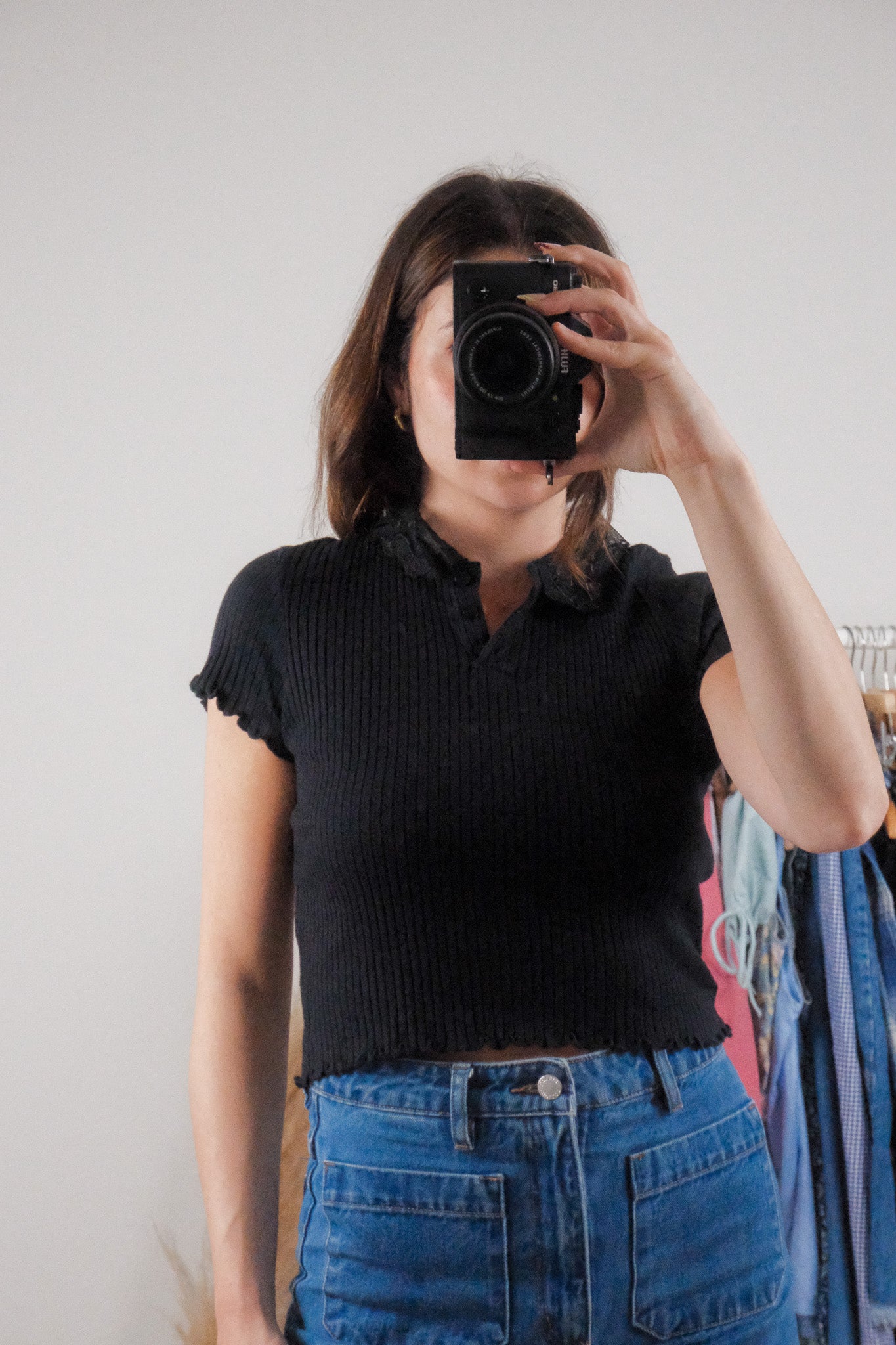 Made in USA x Vintage x Cotton Lace Collared Ribbed Top (S/M)