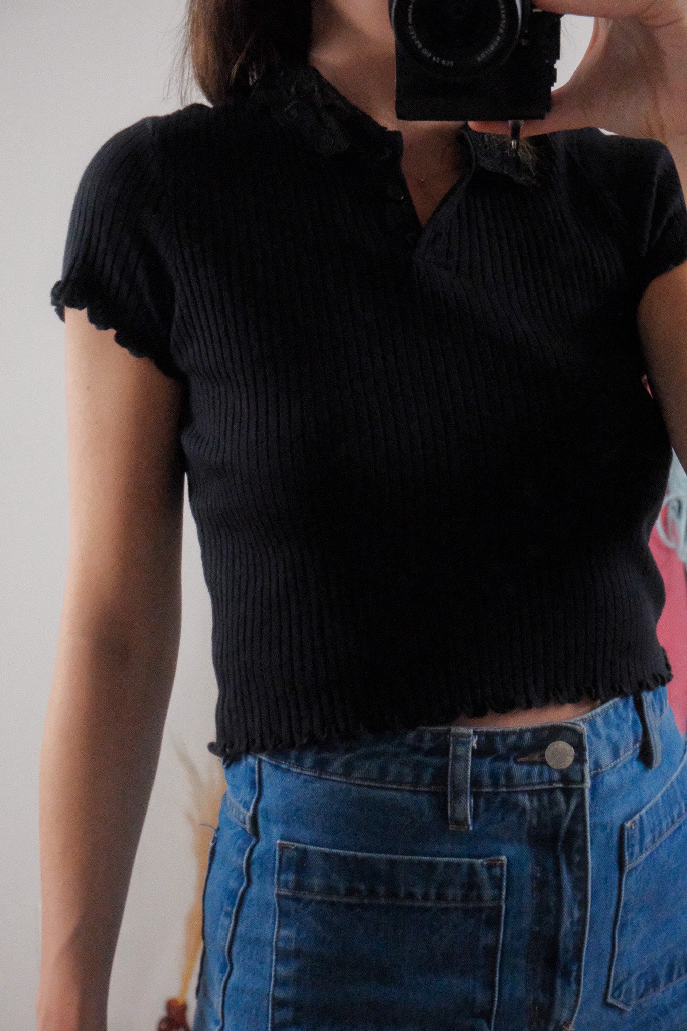 Made in USA x Vintage x Cotton Lace Collared Ribbed Top (S/M)
