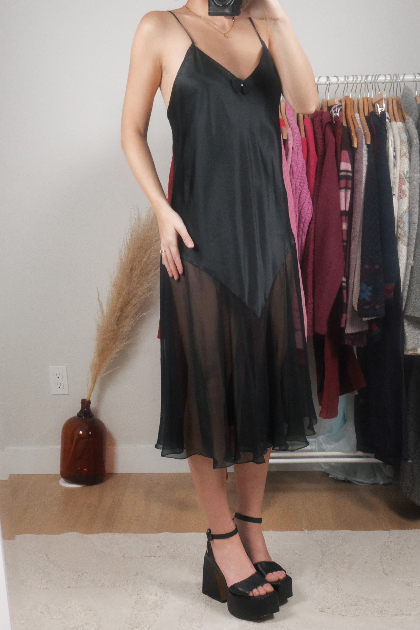Vintage x Satin/Sheer Slip Dress (M)