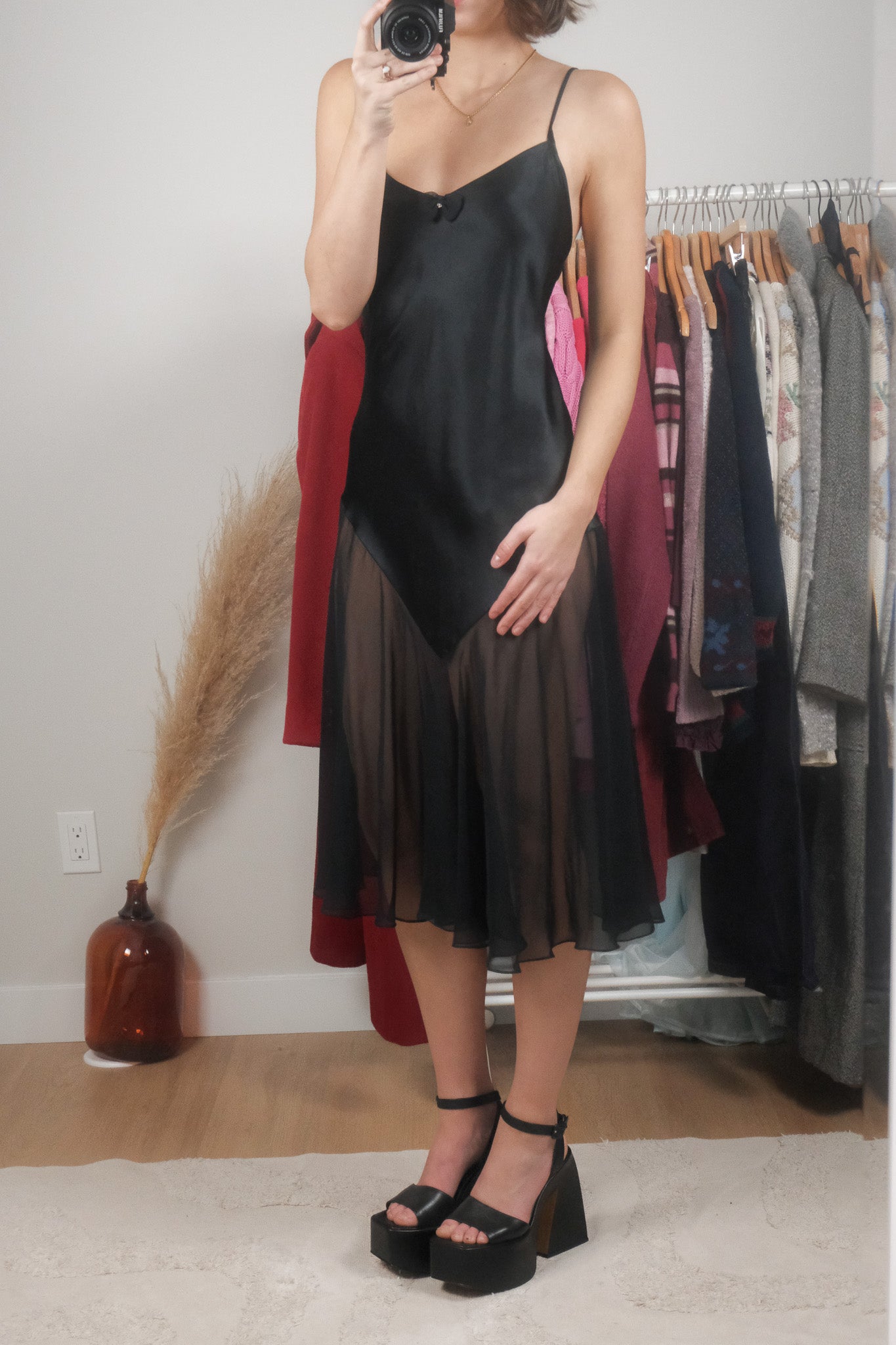 Vintage x Satin/Sheer Slip Dress (M)