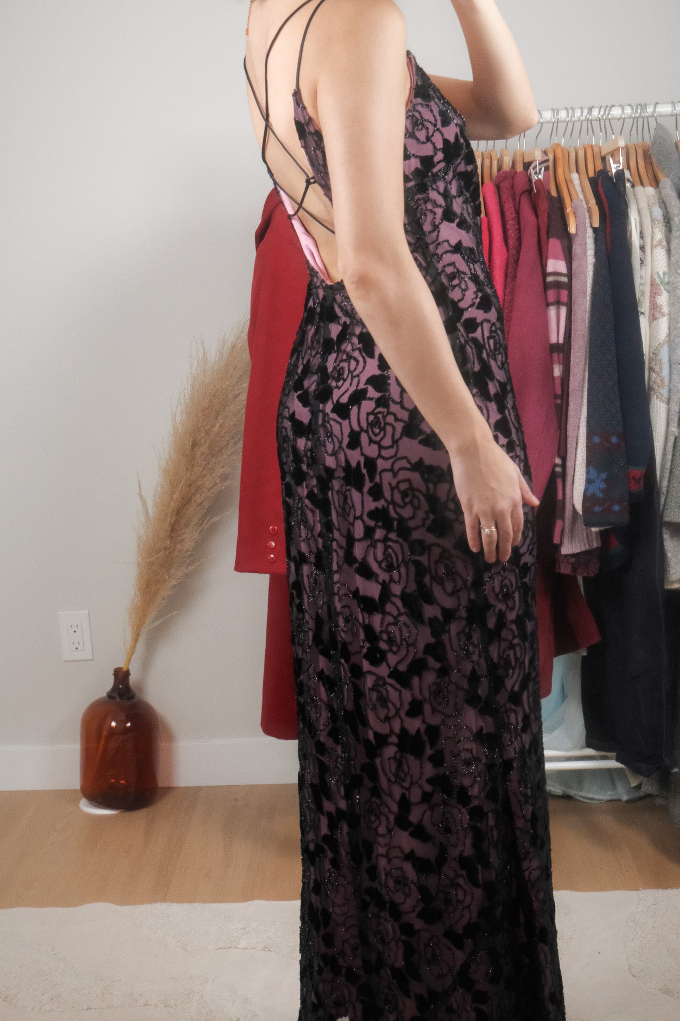 Made in Canada x Vintage x Rose Shimmer Maxi Dress (8/10)