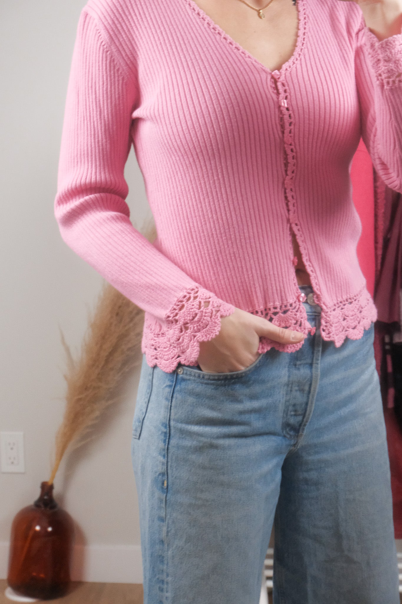 Vintage x Crochet Trim Cardigan (M)