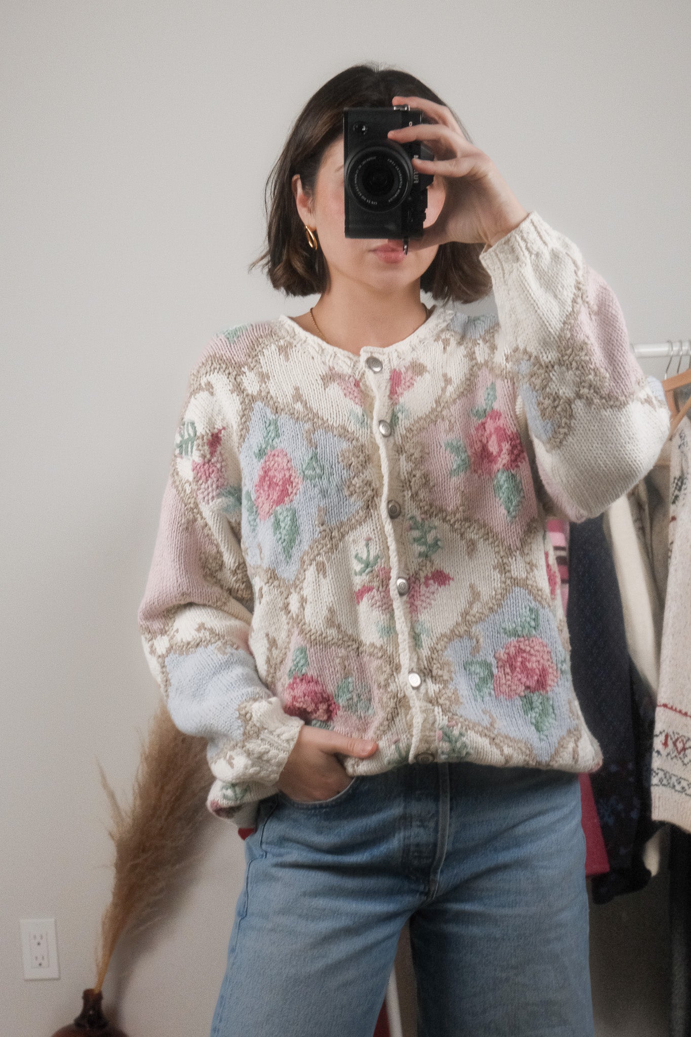 Vintage x Flower Embroidered Patterned Chunky Cardigan (L/XL)