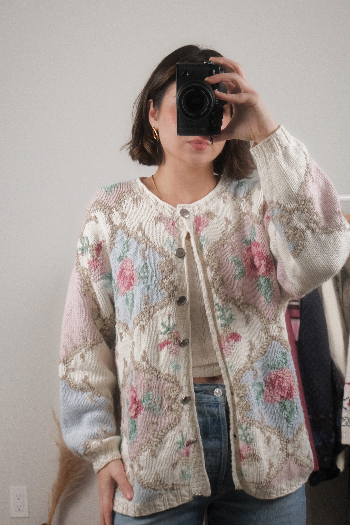 Vintage x Flower Embroidered Patterned Chunky Cardigan (L/XL)