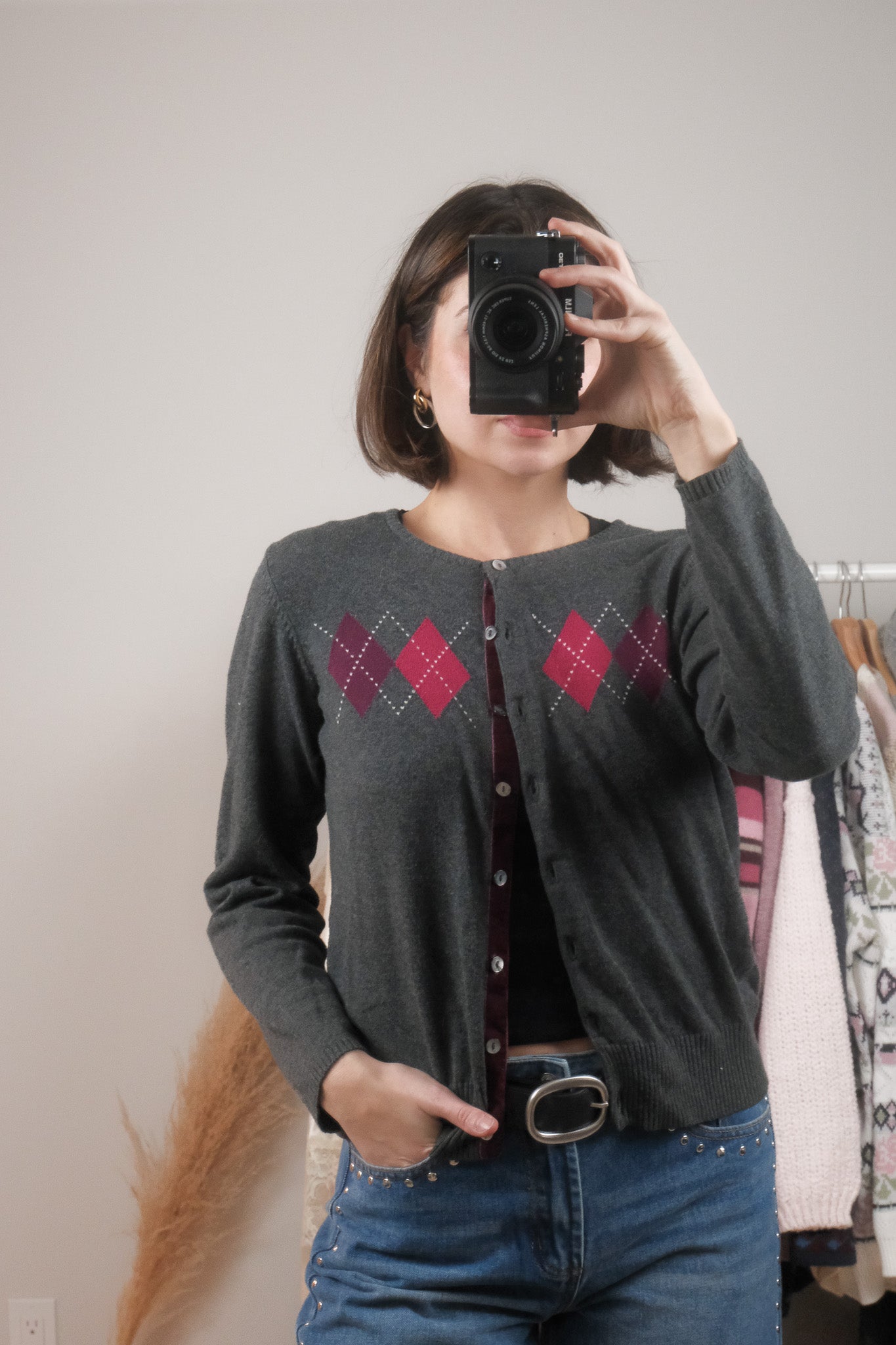 Vintage x Cotton Argyle Cardigan (S/M)