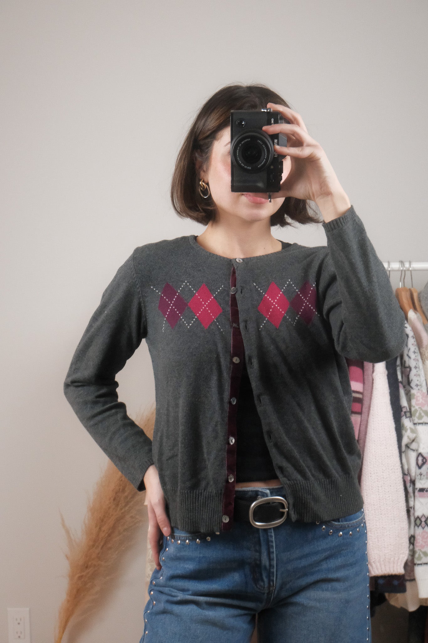 Vintage x Cotton Argyle Cardigan (S/M)