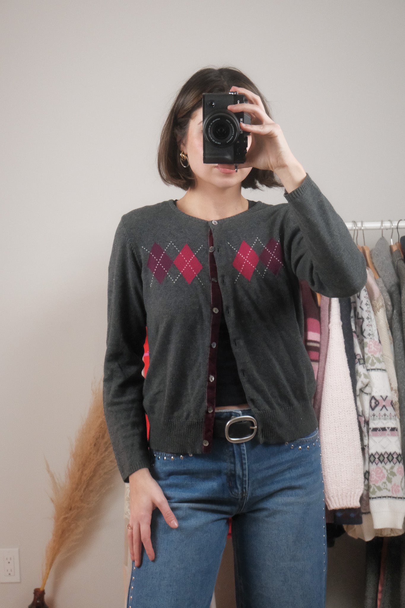 Vintage x Cotton Argyle Cardigan (S/M)