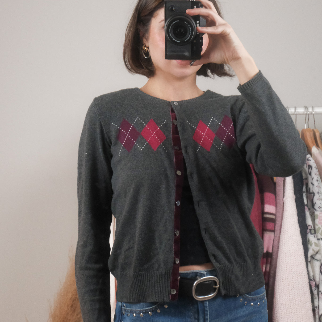 Vintage x Cotton Argyle Cardigan (S/M)