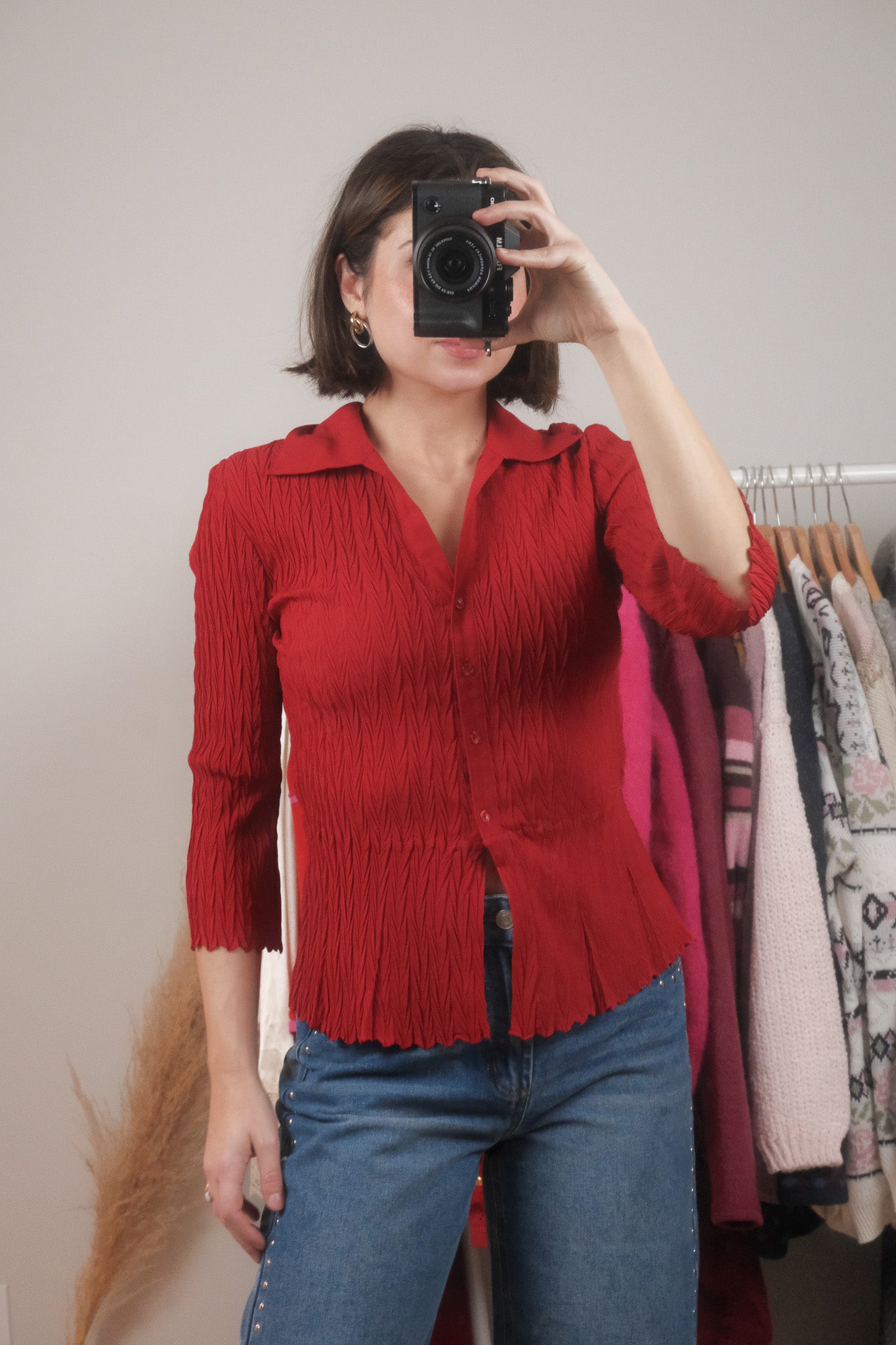 Vintage x Sheer Crinkle Collared Blouse (S)