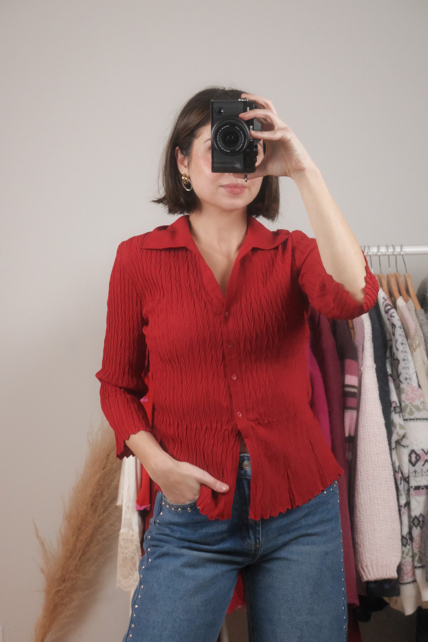 Vintage x Sheer Crinkle Collared Blouse (S)