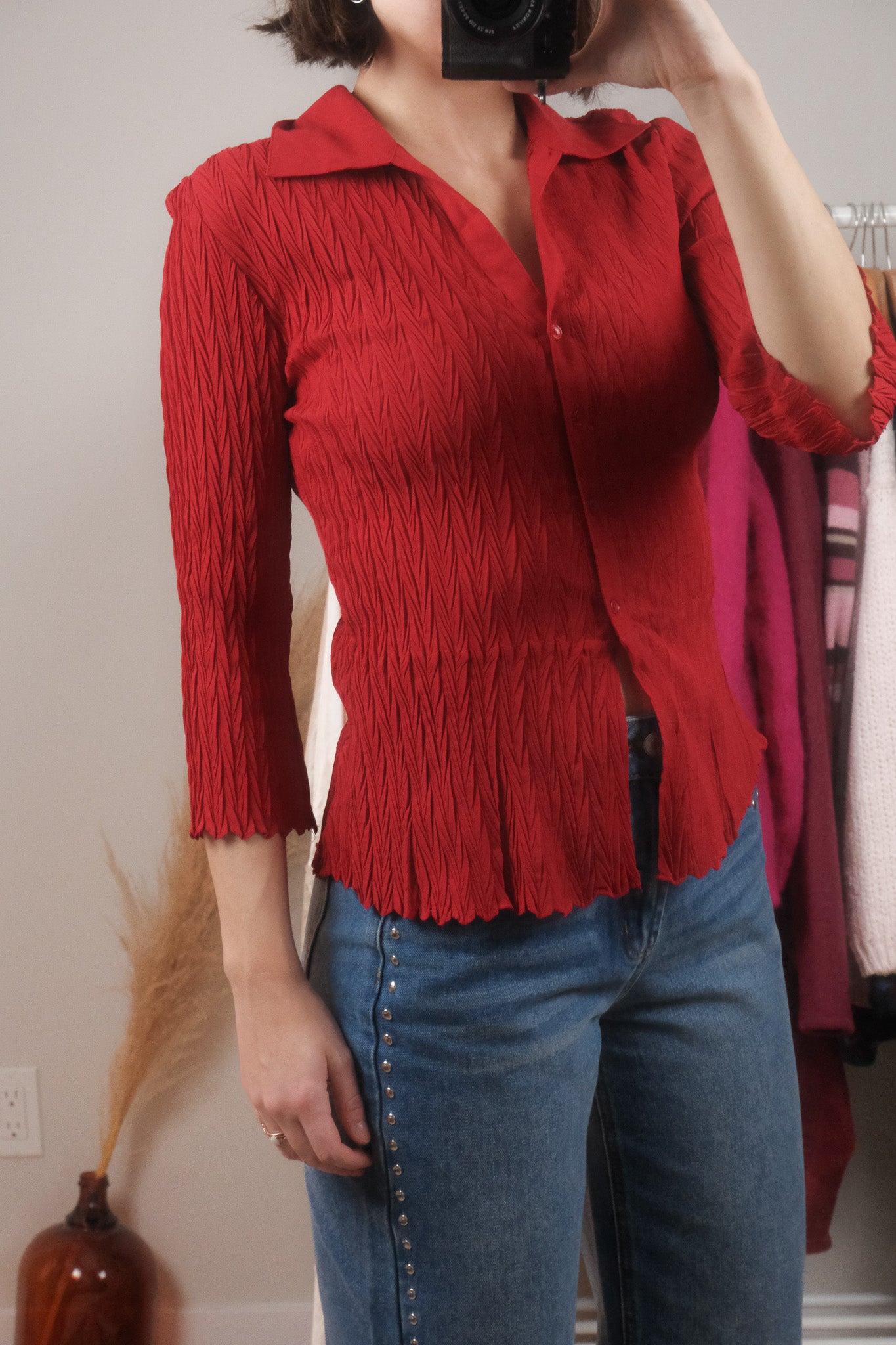 Vintage x Sheer Crinkle Collared Blouse (S)