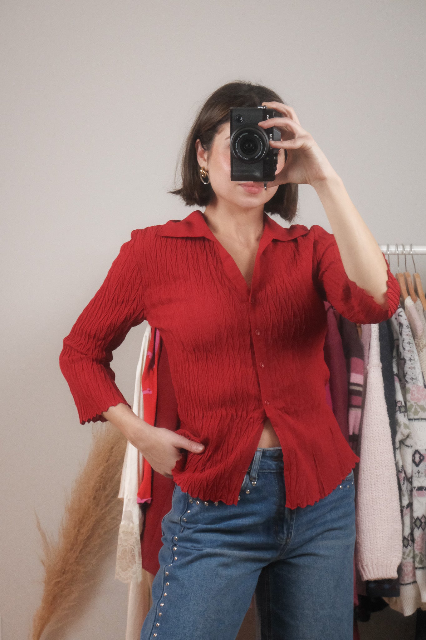 Vintage x Sheer Crinkle Collared Blouse (S)