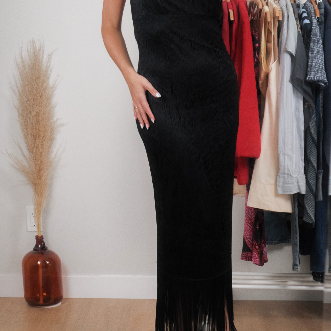 Made in Canada x Vintage x Lace/Fringe Maxi Dress (S)