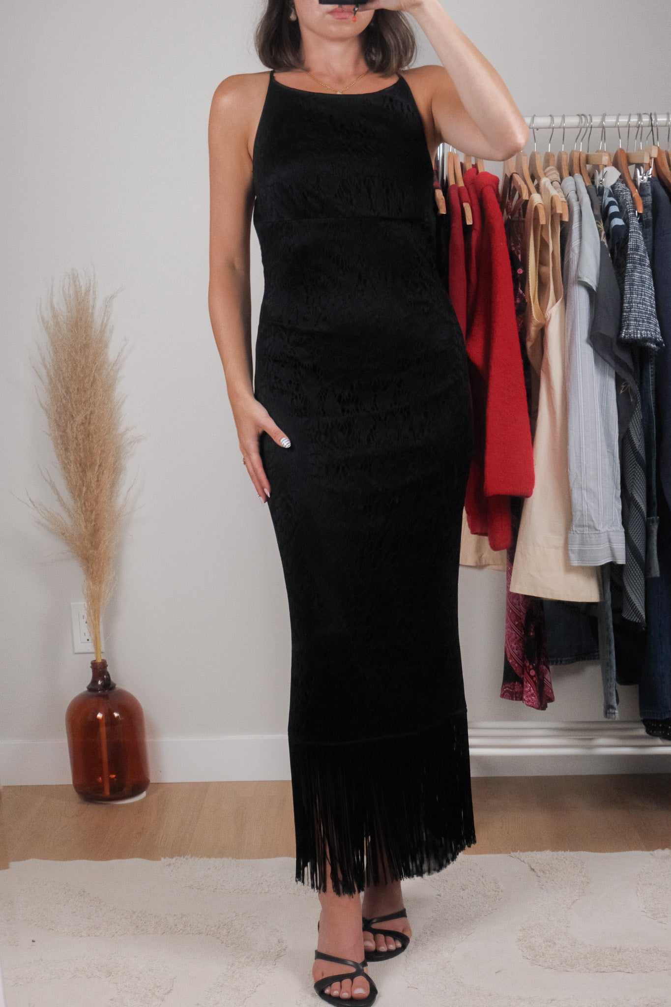 Made in Canada x Vintage x Lace/Fringe Maxi Dress (S)