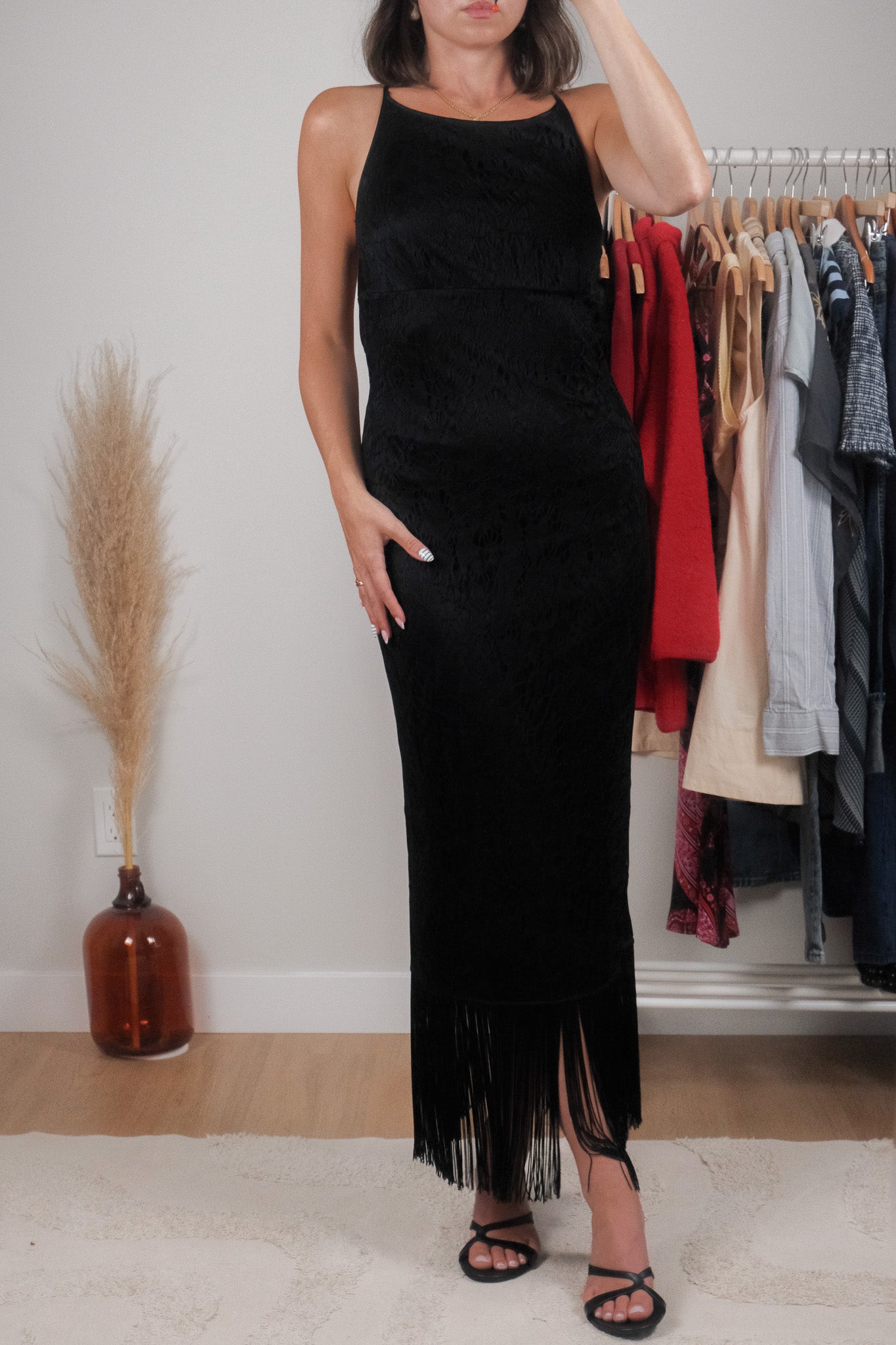 Made in Canada x Vintage x Lace/Fringe Maxi Dress (S)