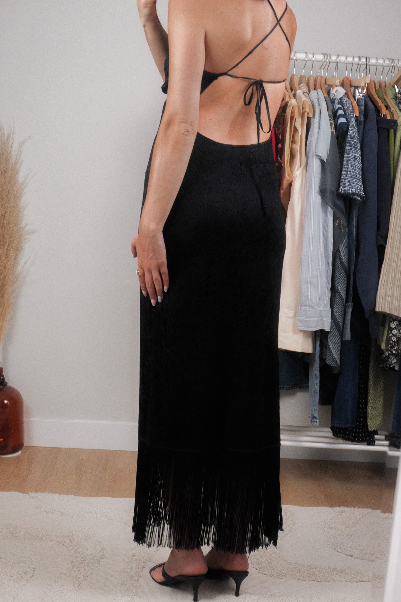 Made in Canada x Vintage x Lace/Fringe Maxi Dress (S)