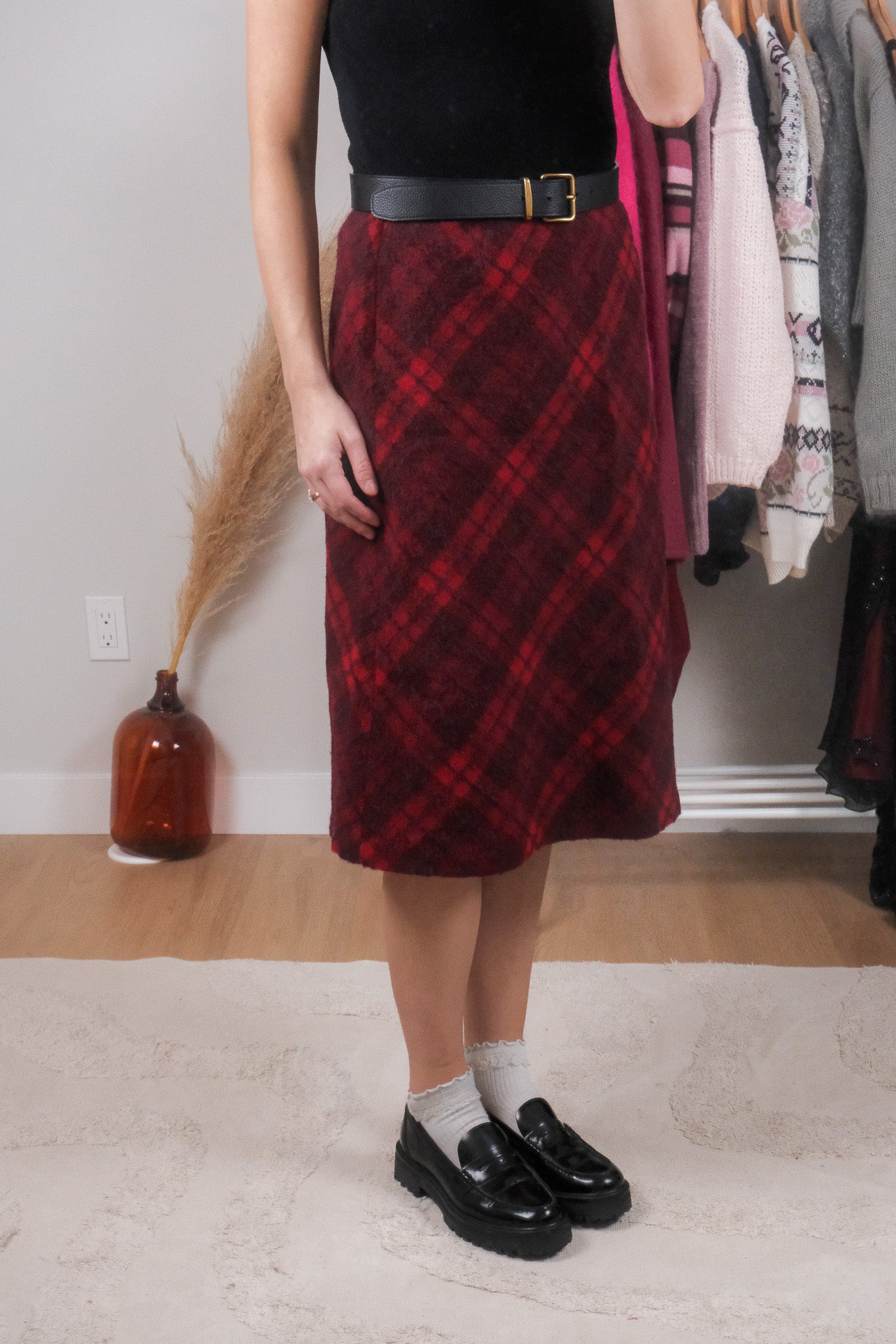 Vintage x Wool/Alpaca/Mohair Plaid Midi Skirt (S)