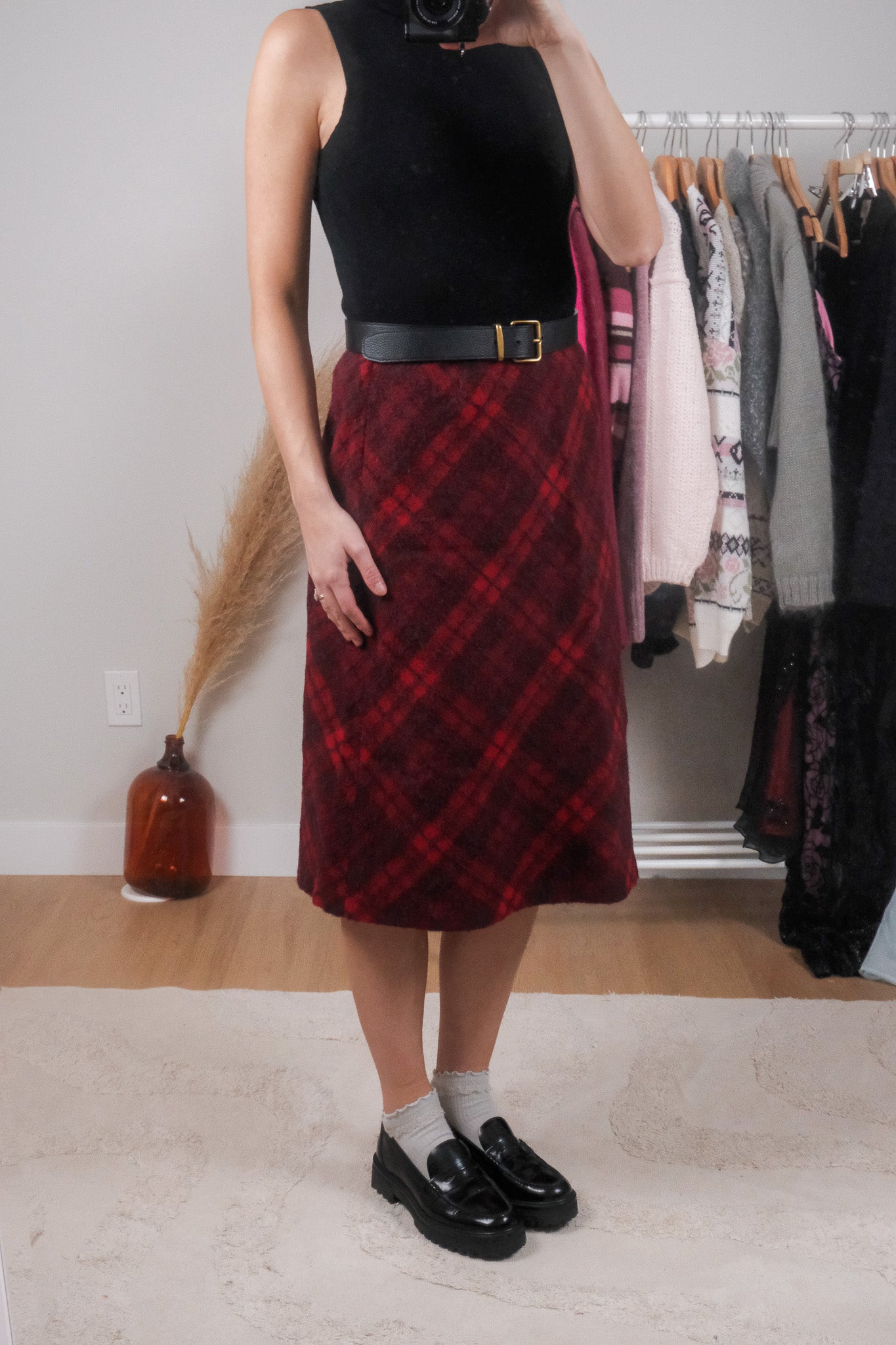 Vintage x Wool/Alpaca/Mohair Plaid Midi Skirt (S)