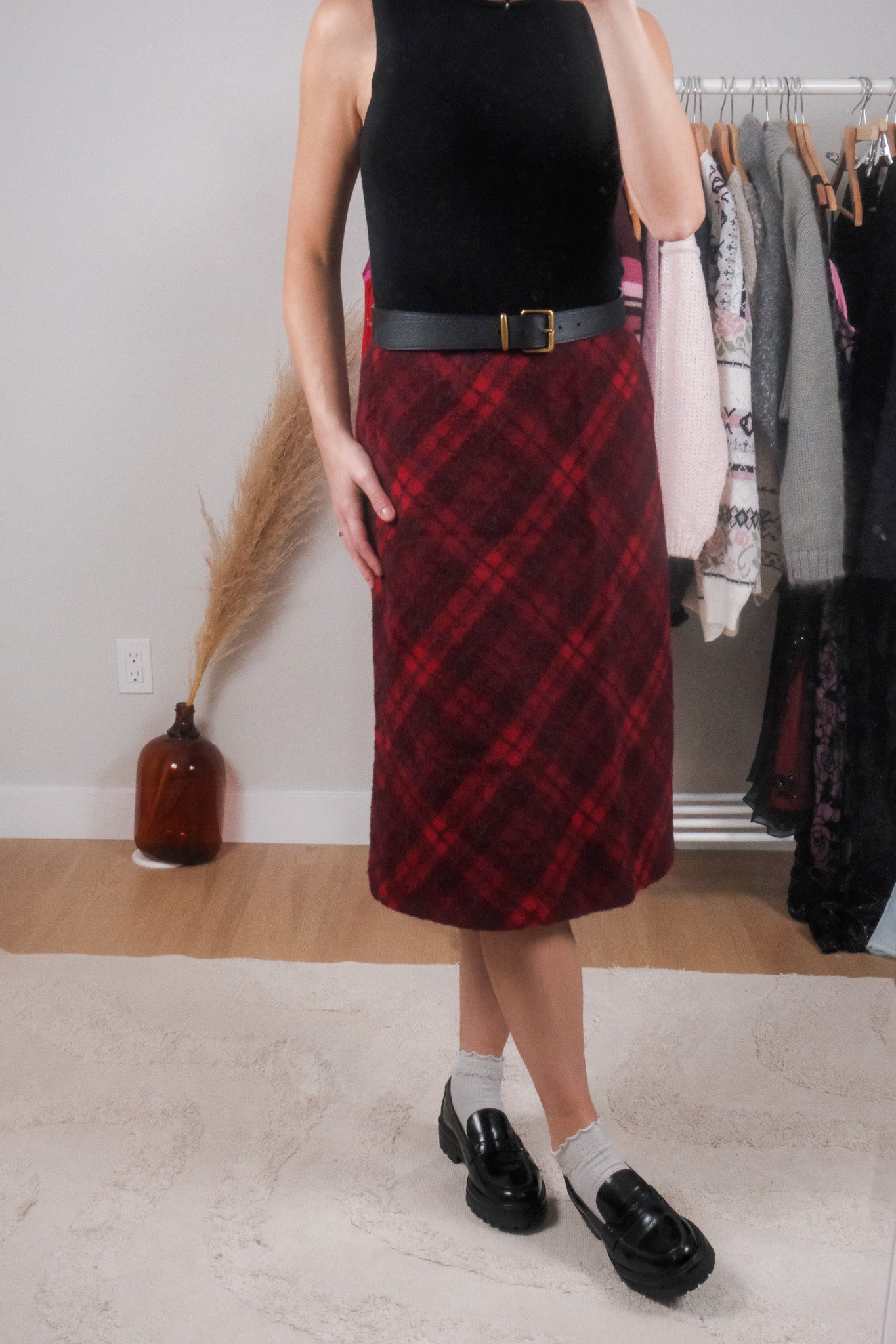 Vintage x Wool/Alpaca/Mohair Plaid Midi Skirt (S)
