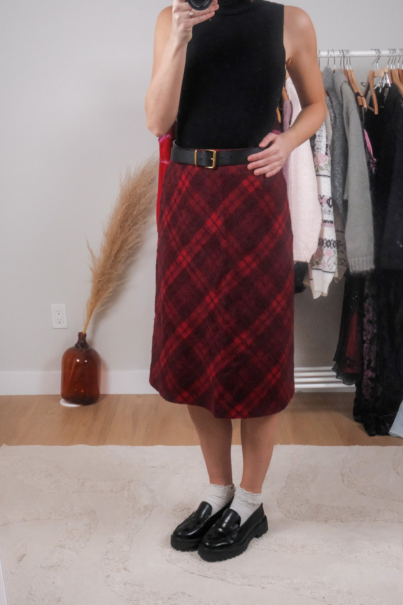 Vintage x Wool/Alpaca/Mohair Plaid Midi Skirt (S)