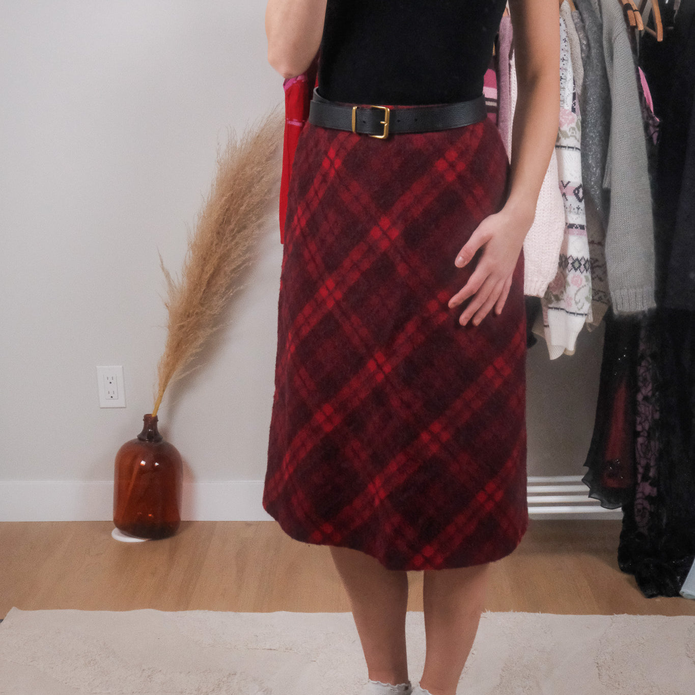 Vintage x Wool/Alpaca/Mohair Plaid Midi Skirt (S)