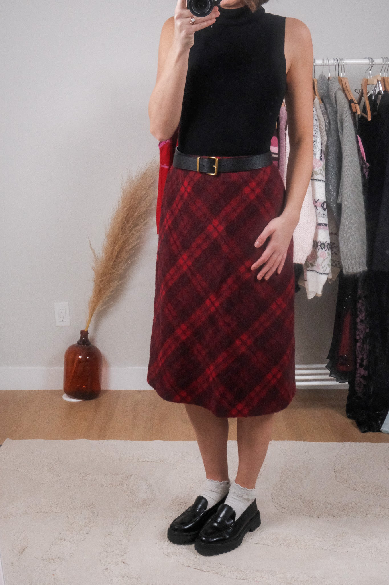 Vintage x Wool/Alpaca/Mohair Plaid Midi Skirt (S)
