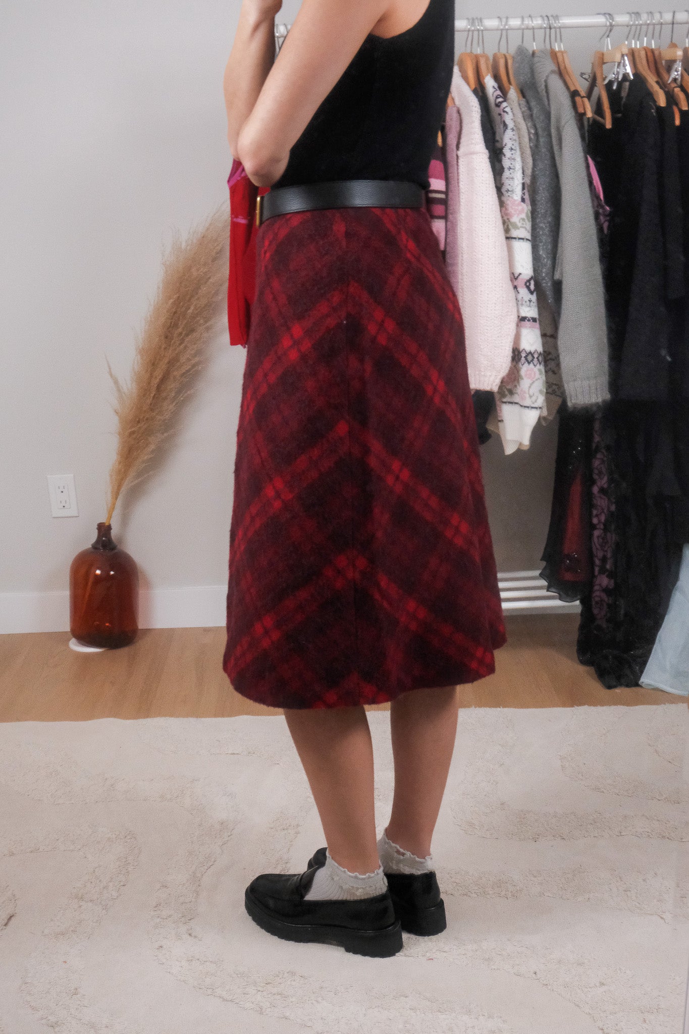 Vintage x Wool/Alpaca/Mohair Plaid Midi Skirt (S)