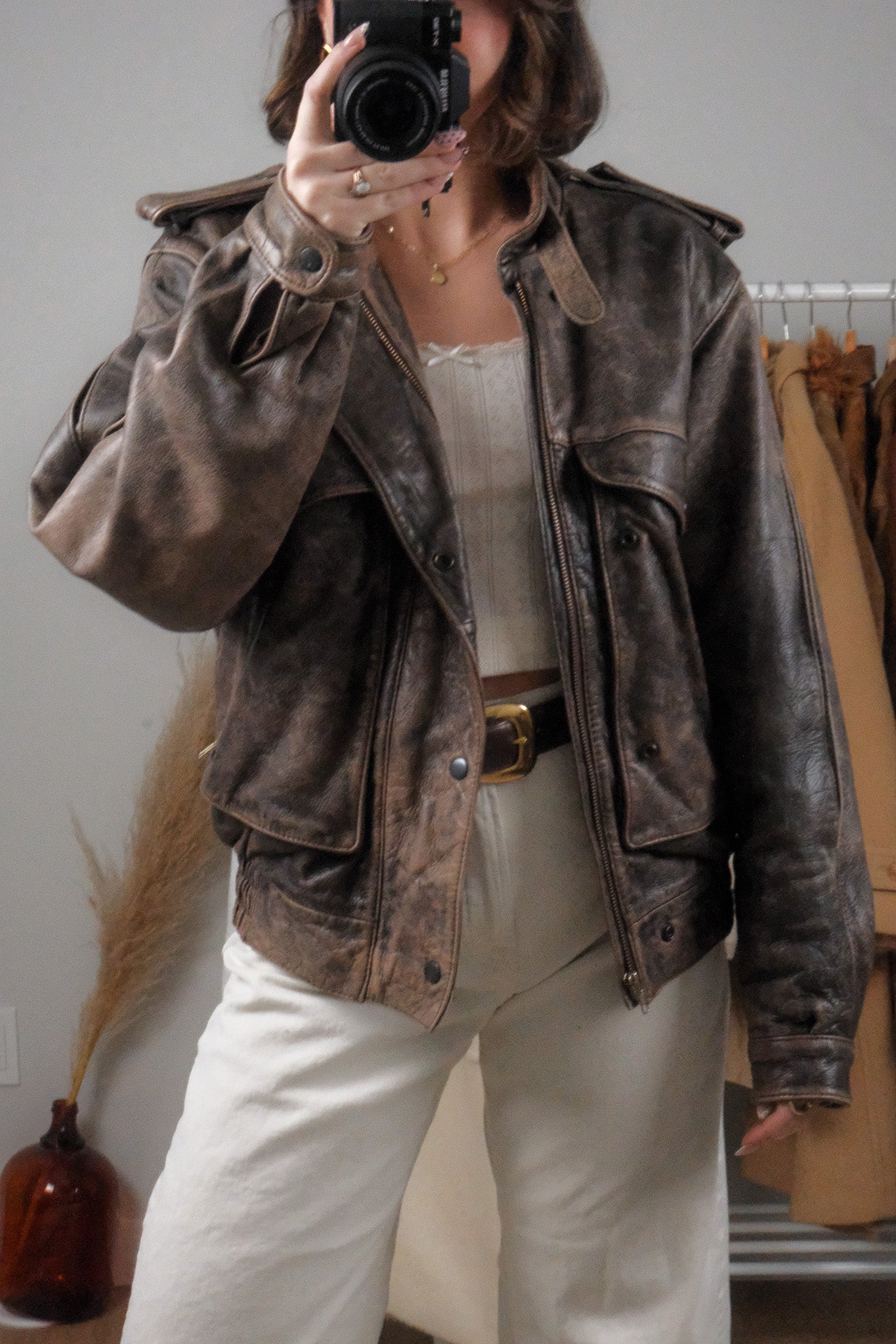 Vintage x Leather Patina Leather Bomber Moto Jacket (L)