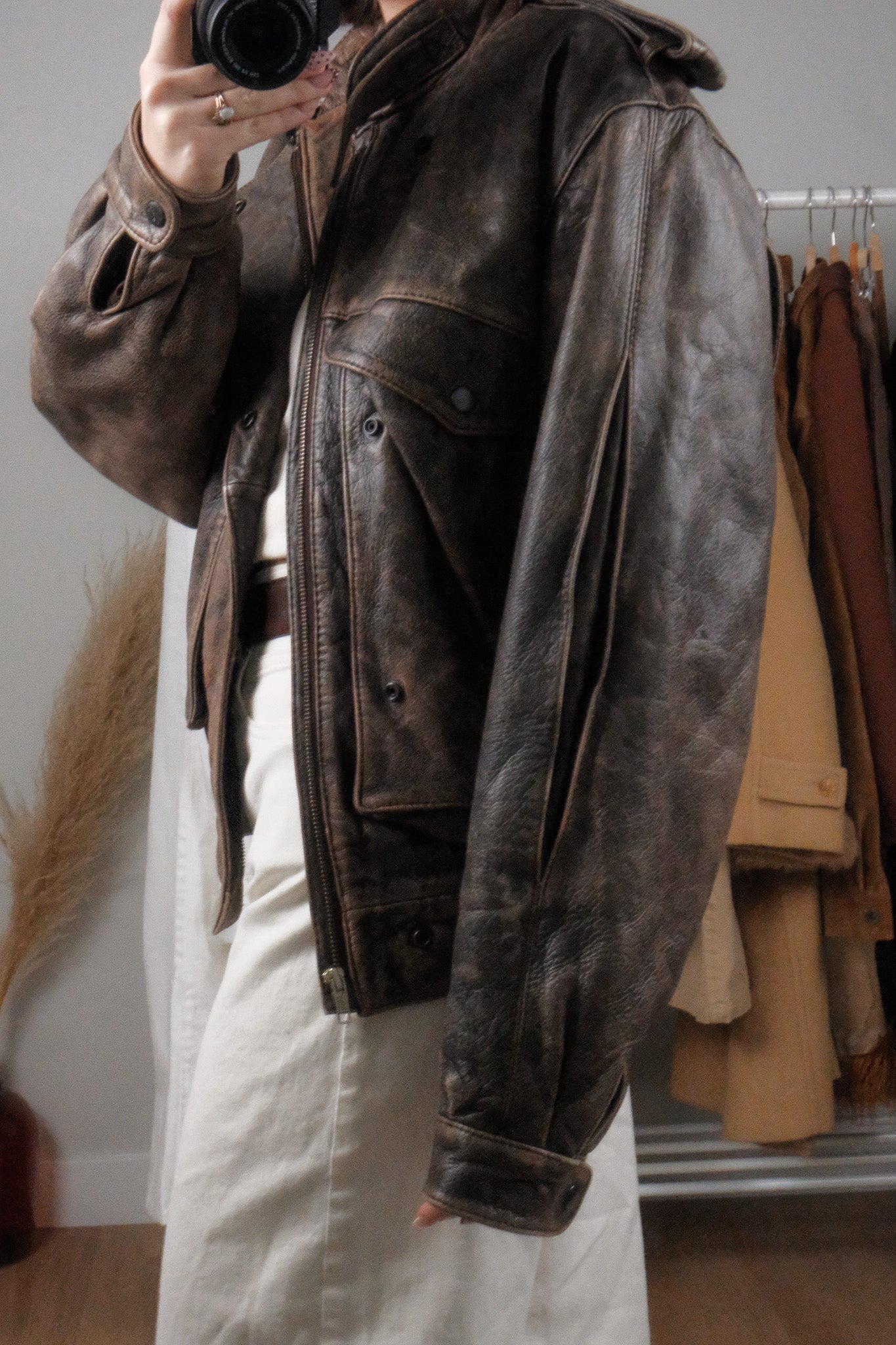 Vintage x Leather Patina Leather Bomber Moto Jacket (L)