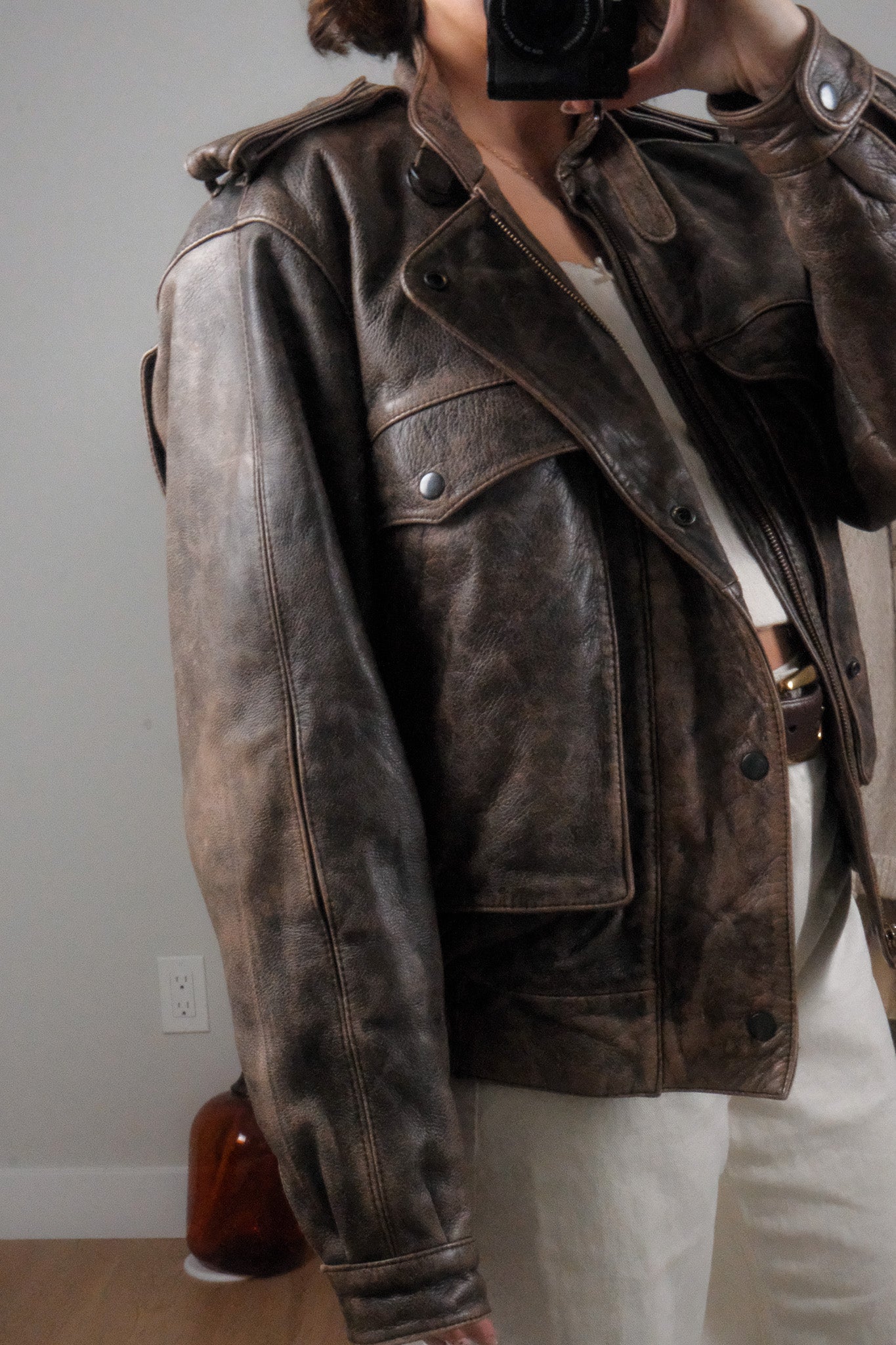Vintage x Leather Patina Leather Bomber Moto Jacket (L)