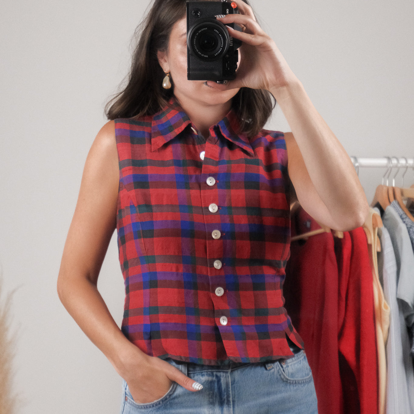 Vintage x 100% Silk x Plaid Collared Tank (M)