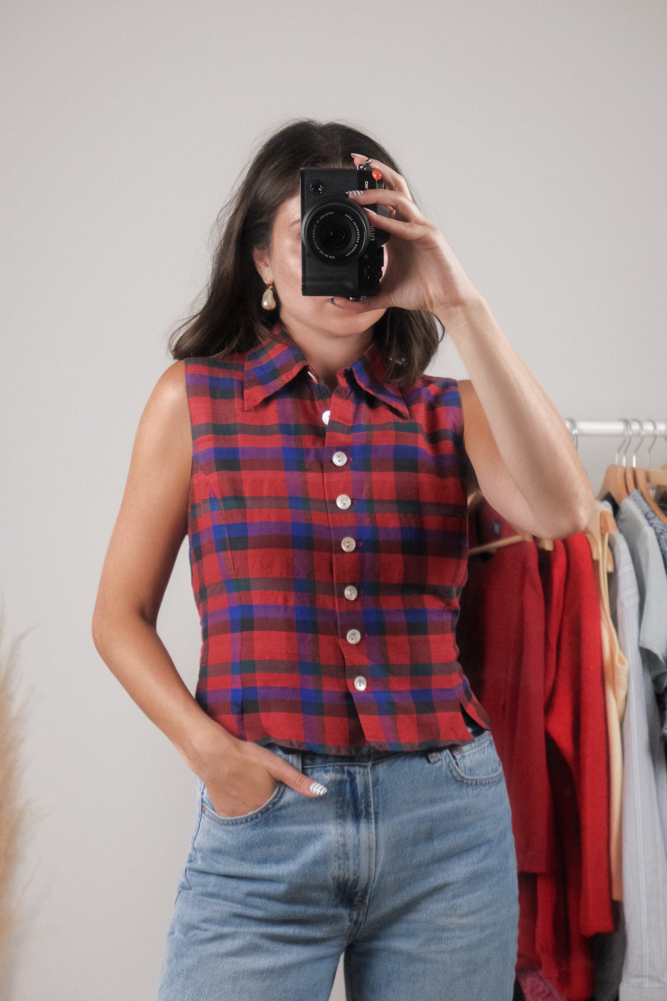 Vintage x 100% Silk x Plaid Collared Tank (M)