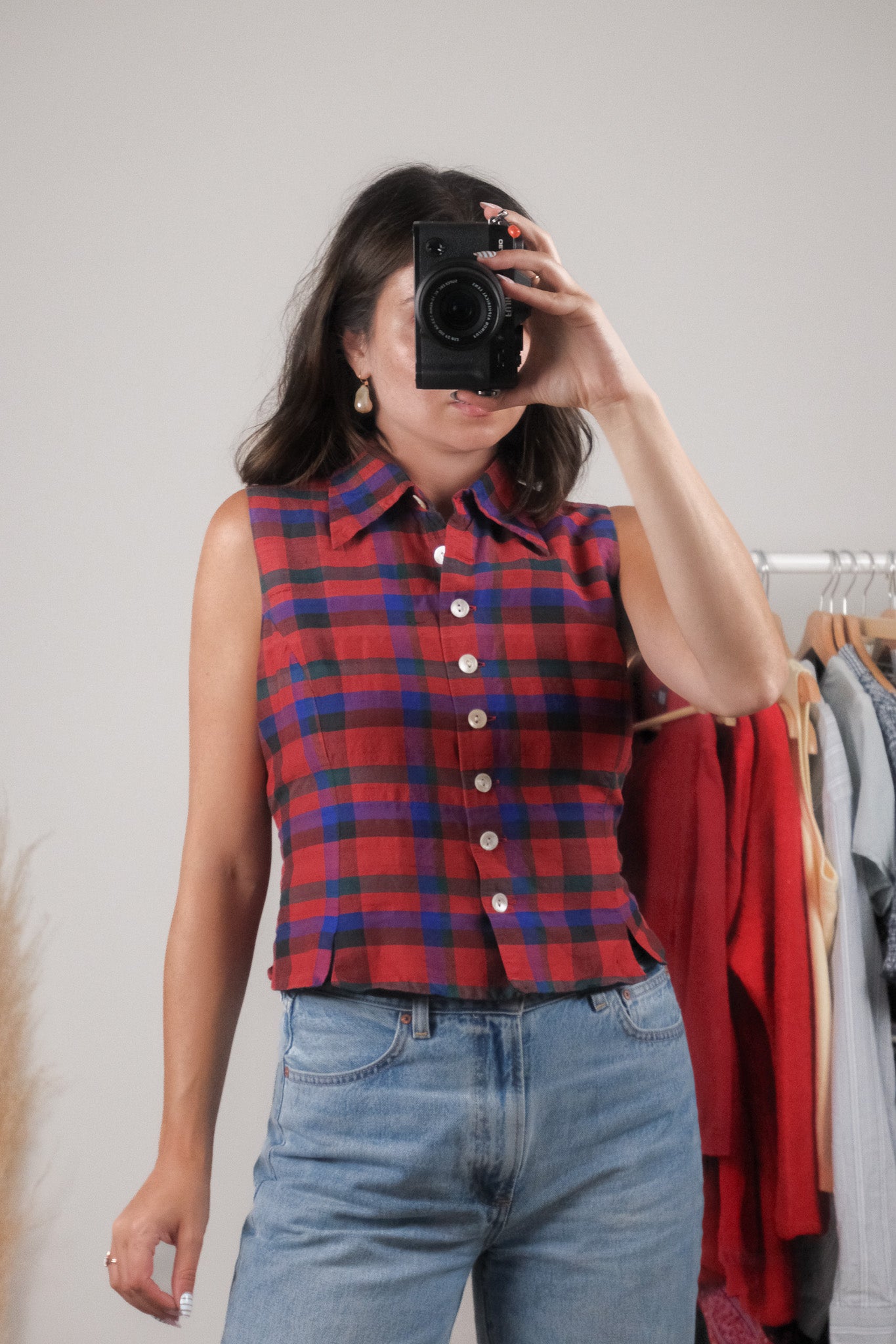 Vintage x 100% Silk x Plaid Collared Tank (M)