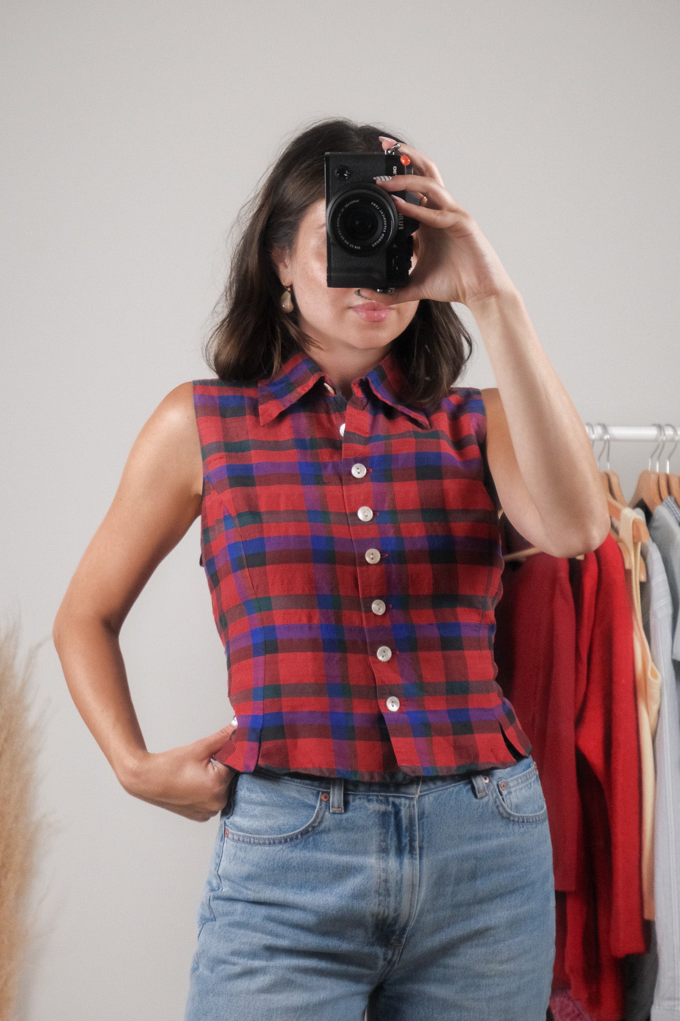 Vintage x 100% Silk x Plaid Collared Tank (M)