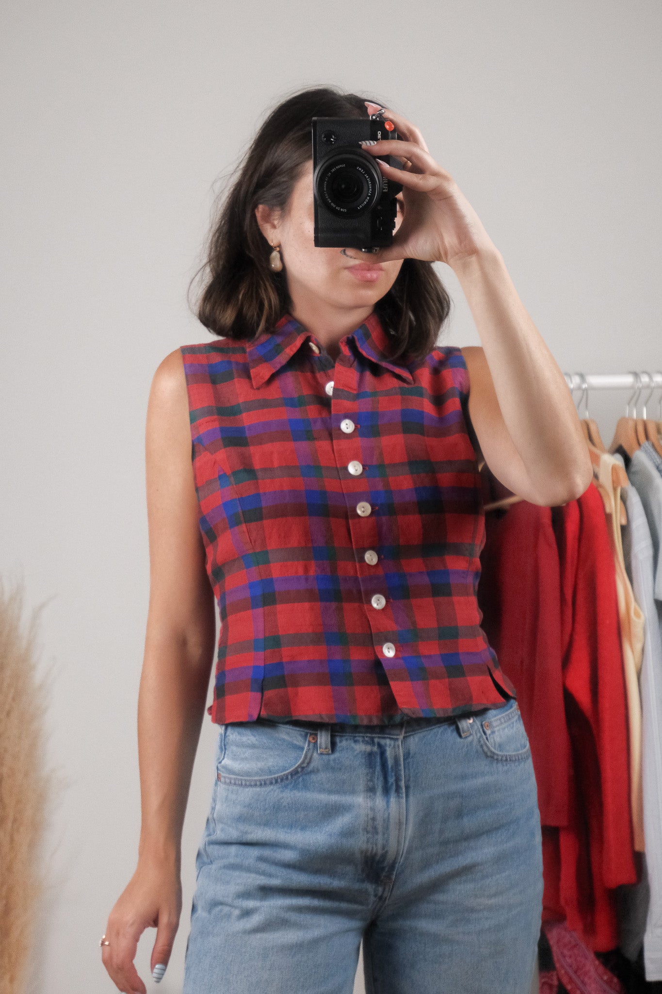 Vintage x 100% Silk x Plaid Collared Tank (M)