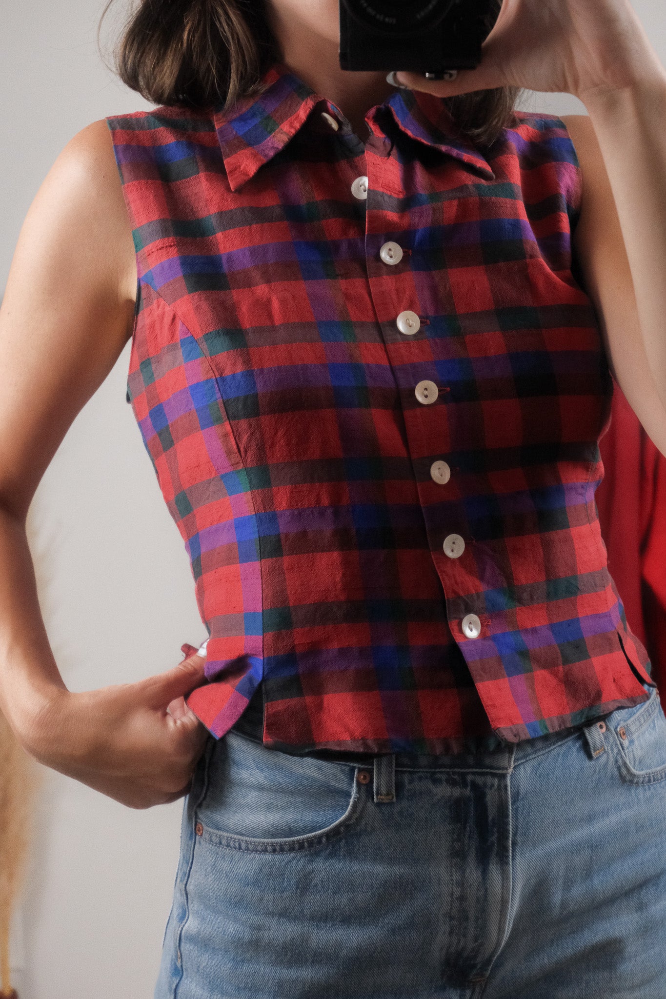 Vintage x 100% Silk x Plaid Collared Tank (M)